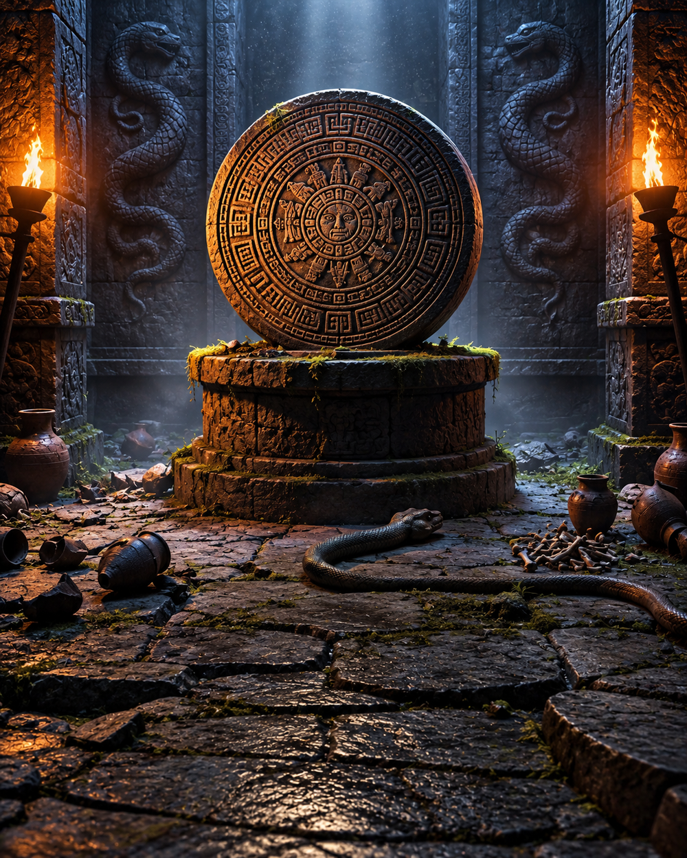 A large circular stone calendar featuring a central face sits on a pedestal inside a dark temple, flanked by two lit torches and stone pillars carved with serpents.