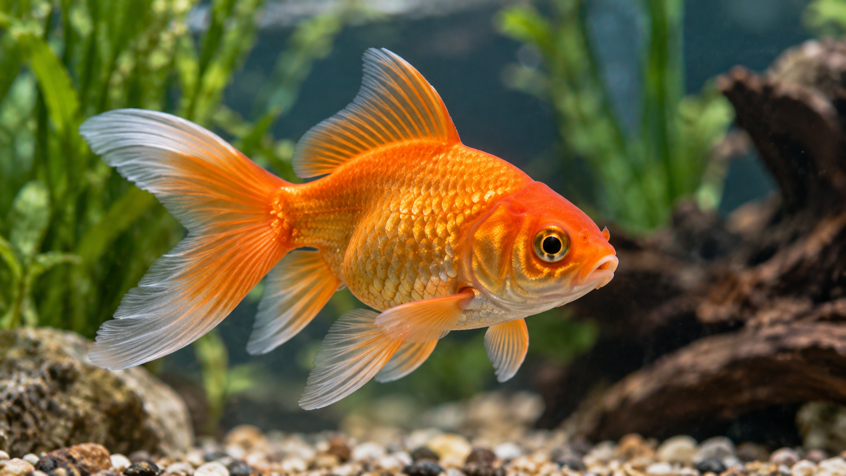 A goldfish with long, flowing fins swimming in an aquarium.