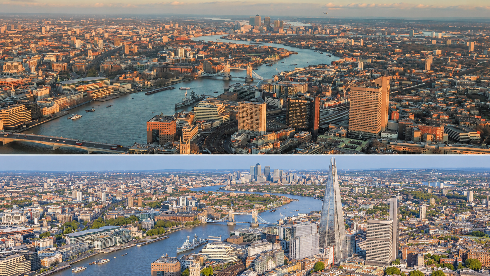 A split-screen aerial view of London, showing the River Thames and Tower Bridge during sunset in the top half and during the day in the bottom half.