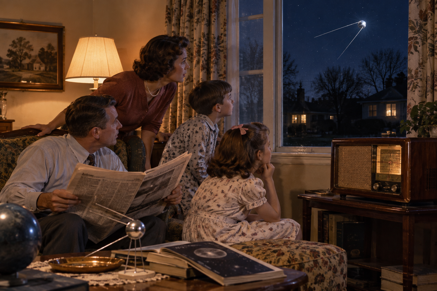 A 1950s family looks out a window at a Sputnik satellite orbiting in the night sky.
