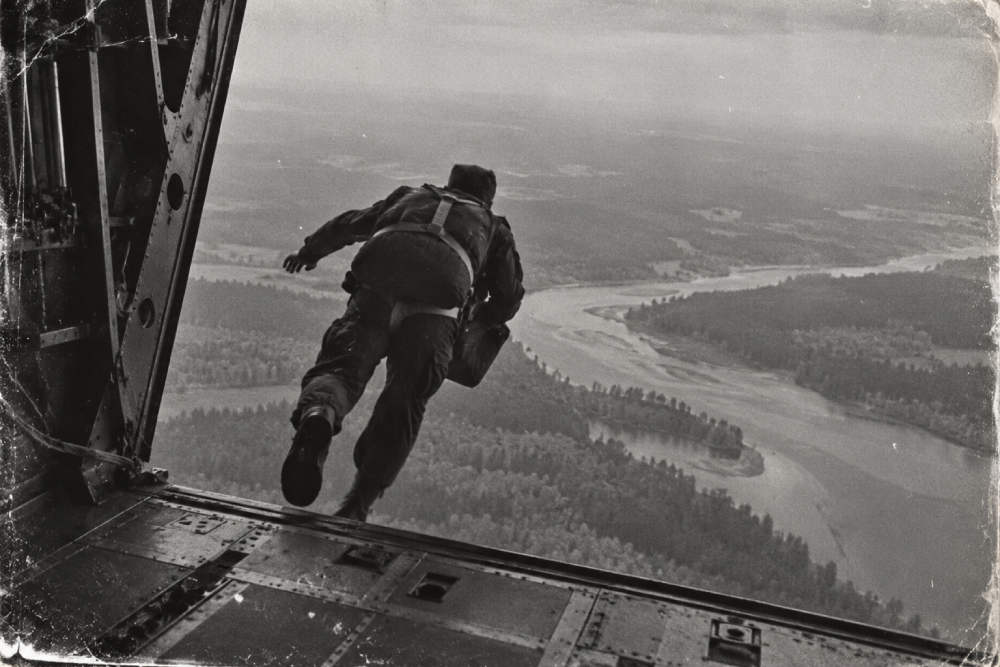 A paratrooper leaps from the open cargo door of an aircraft over a winding river and forested landscape.