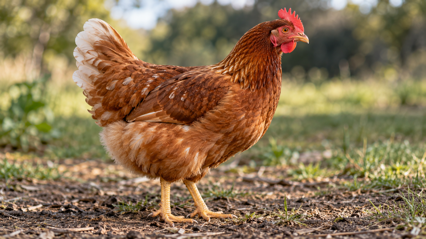 A brown hen standing on dirt in a grassy area.