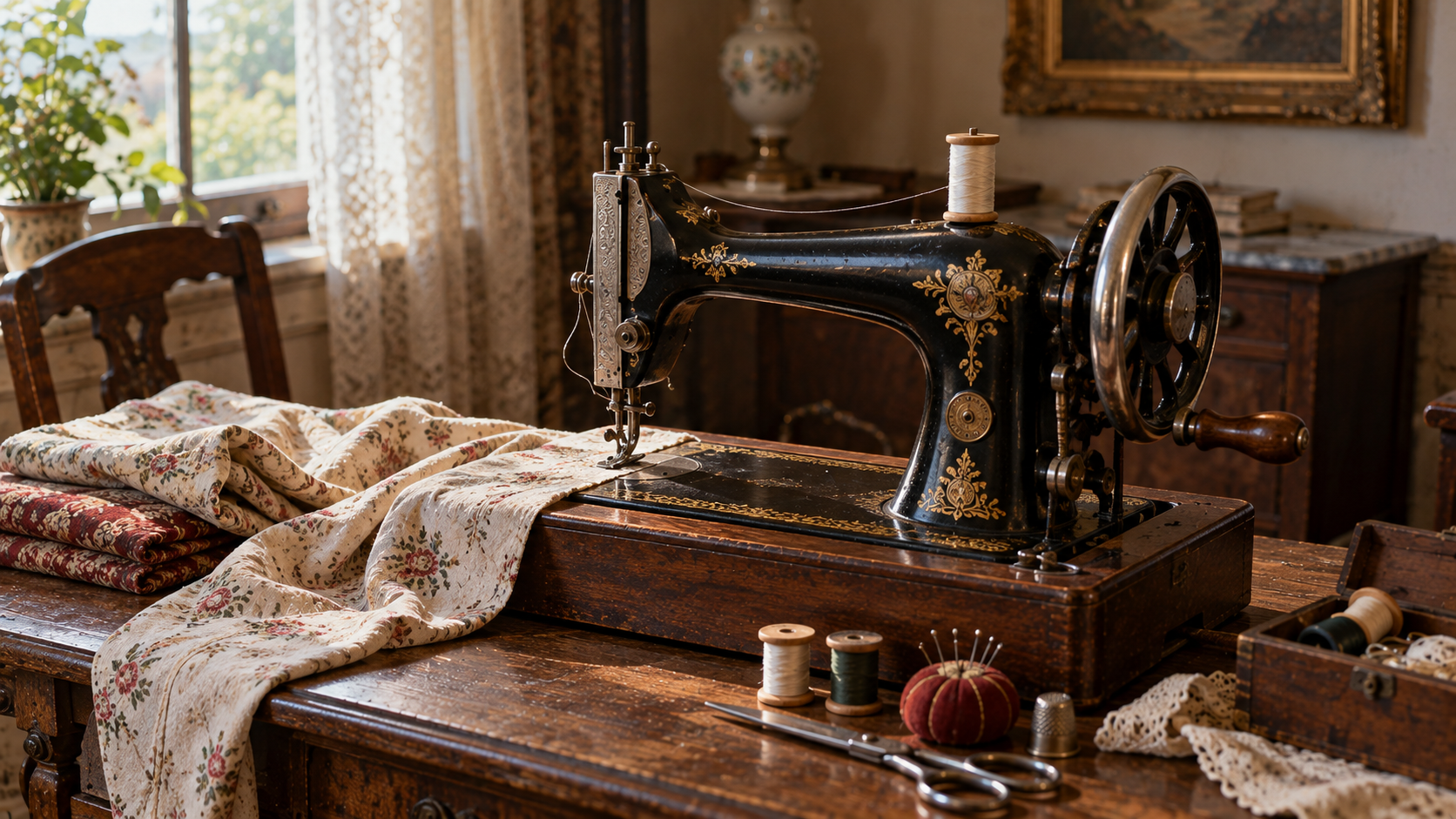 An antique black sewing machine with gold floral decals sits on a wooden table next to folded floral fabric, thread spools, and sewing tools.