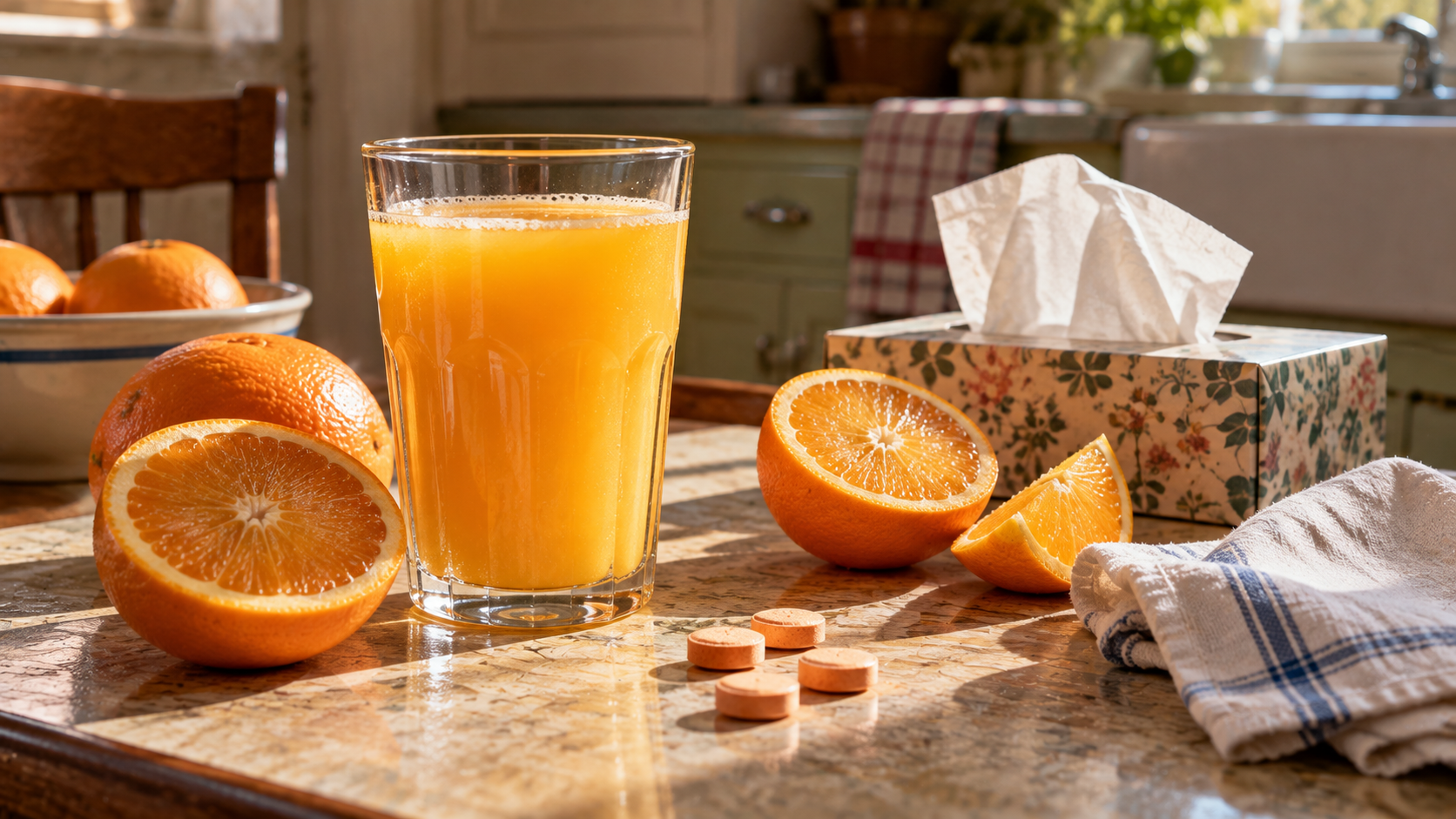 A glass of orange juice on a kitchen counter with halved oranges, a few round supplement tablets, and a box of tissues.