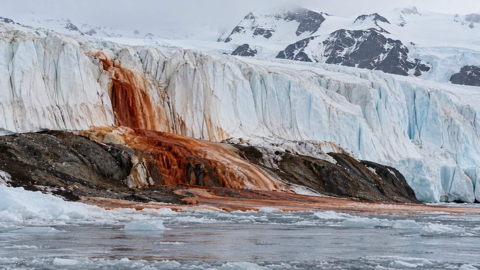 A glacier meets the water, with a distinct streak of rust-colored iron-rich water flowing down the face of the ice.