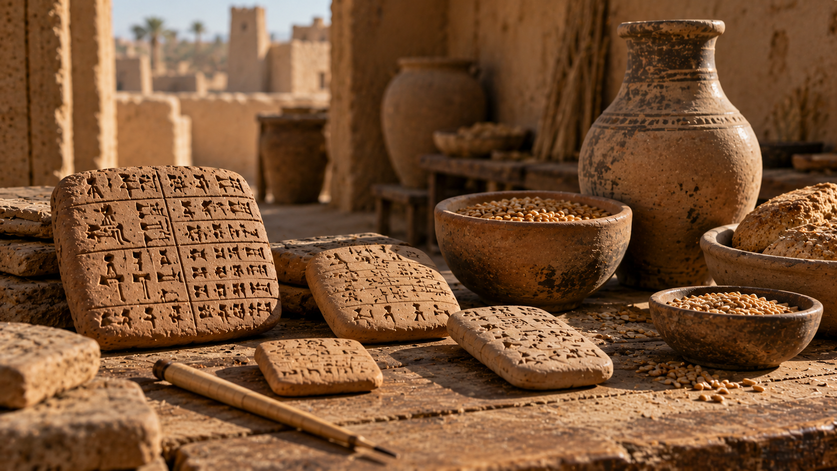 Clay tablets inscribed with cuneiform script sitting on a wooden table alongside pottery bowls of grain in an ancient desert setting.
