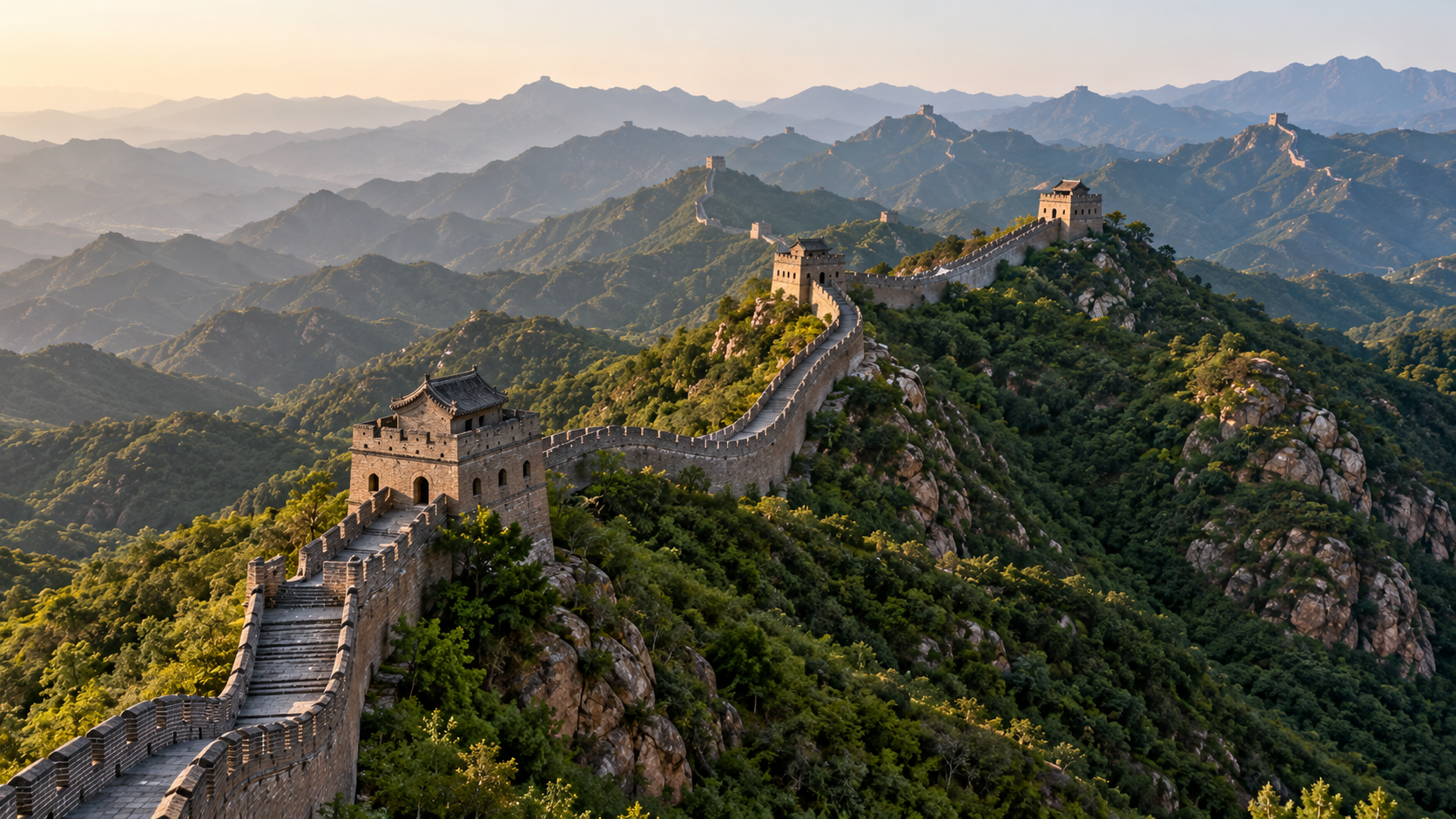 The Great Wall of China winding along a series of mountain ridges under a clear sky.