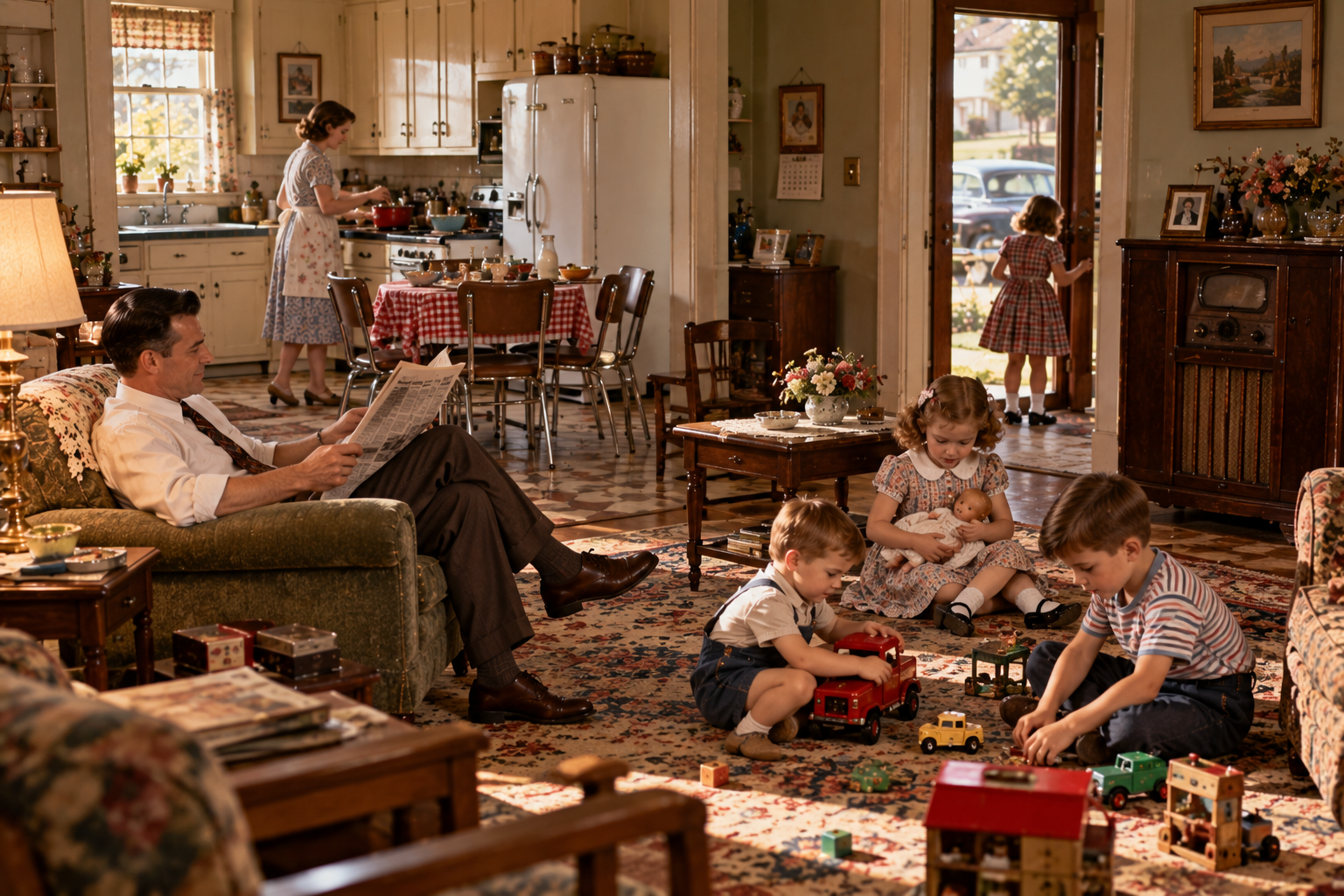 A man reads a newspaper in a living room while children play with toys on the floor, as a woman works in the adjacent kitchen and a young girl stands in the open doorway.