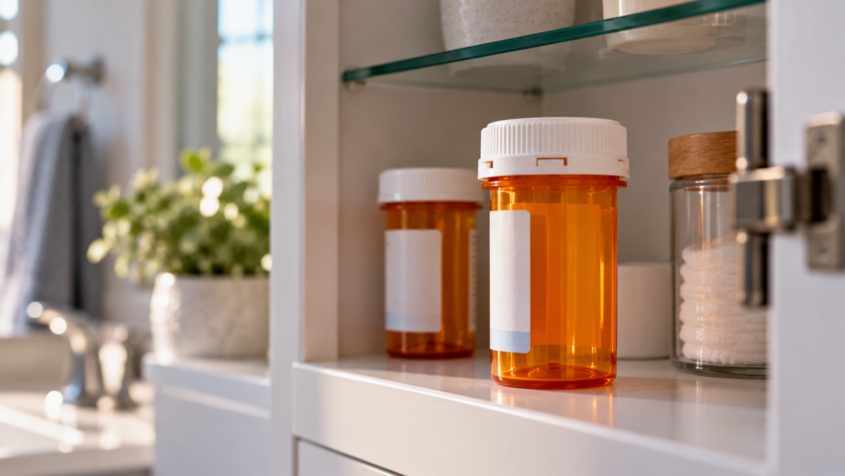 Two amber prescription pill bottles with white caps sit on a bathroom shelf next to a glass jar of cotton rounds.