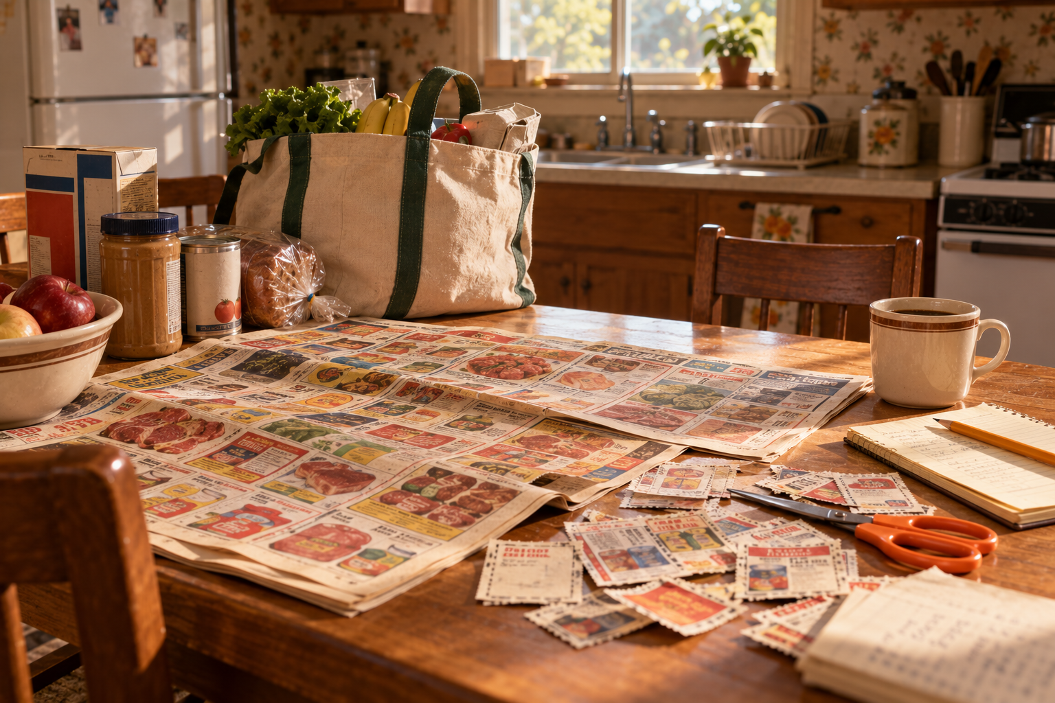 A canvas grocery bag and pantry items sit on a kitchen table covered in grocery store circulars, coupons, and a notepad.
