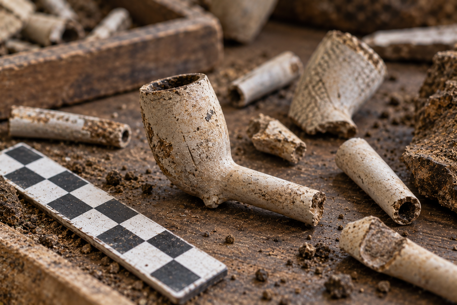 Several broken fragments of historic clay pipes resting on a wooden tray with a black-and-white scale bar.