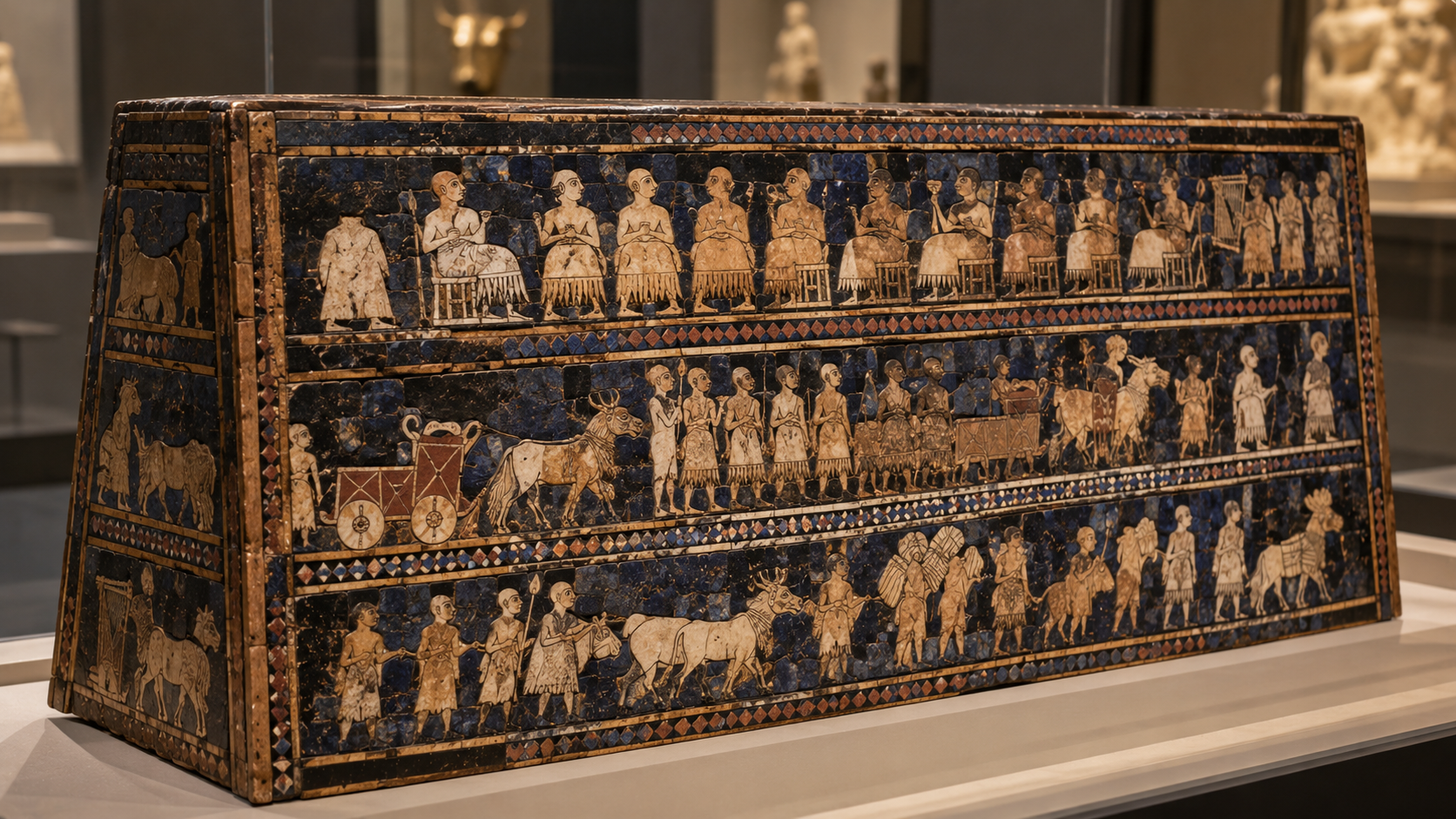 The Standard of Ur, a trapezoidal wooden box inlaid with shell, limestone, and lapis lazuli depicting scenes of ancient Sumerian banquet and war processions.