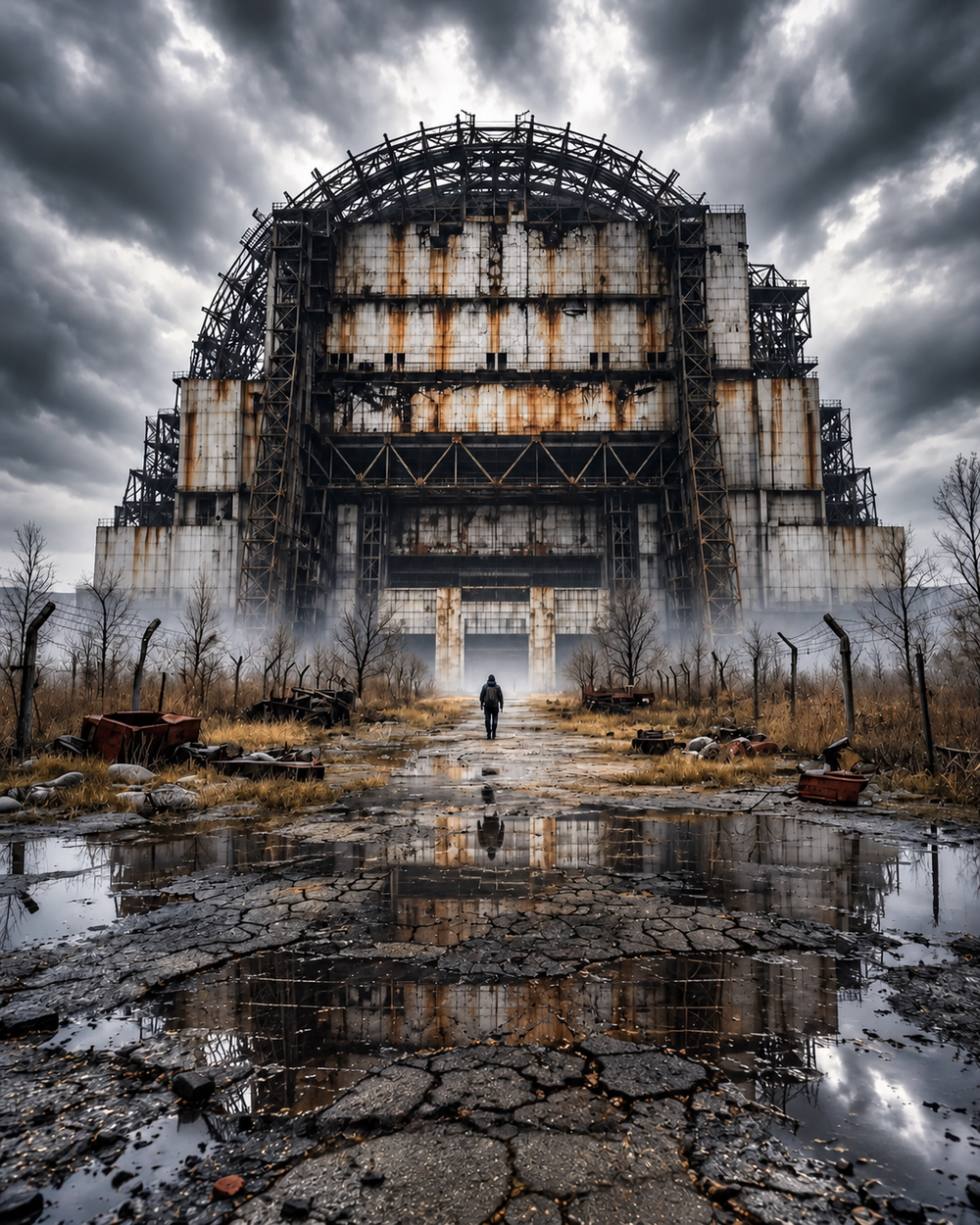 A lone figure walks toward a massive, dilapidated industrial structure under a stormy sky, reflected in a cracked, water-filled road.
