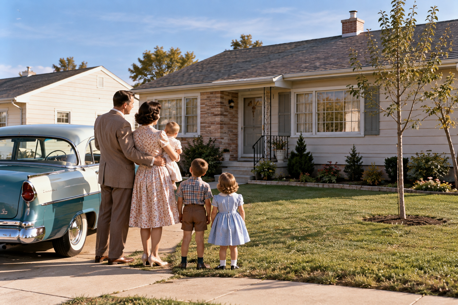 A family of five stands in a driveway looking at a suburban house next to a vintage two-tone car.
