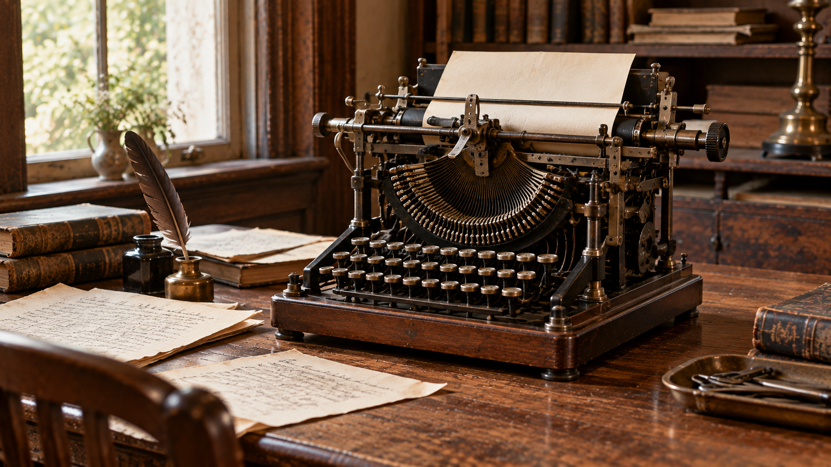 A vintage typewriter sits on a wooden desk alongside handwritten documents, an inkwell, and a quill pen.