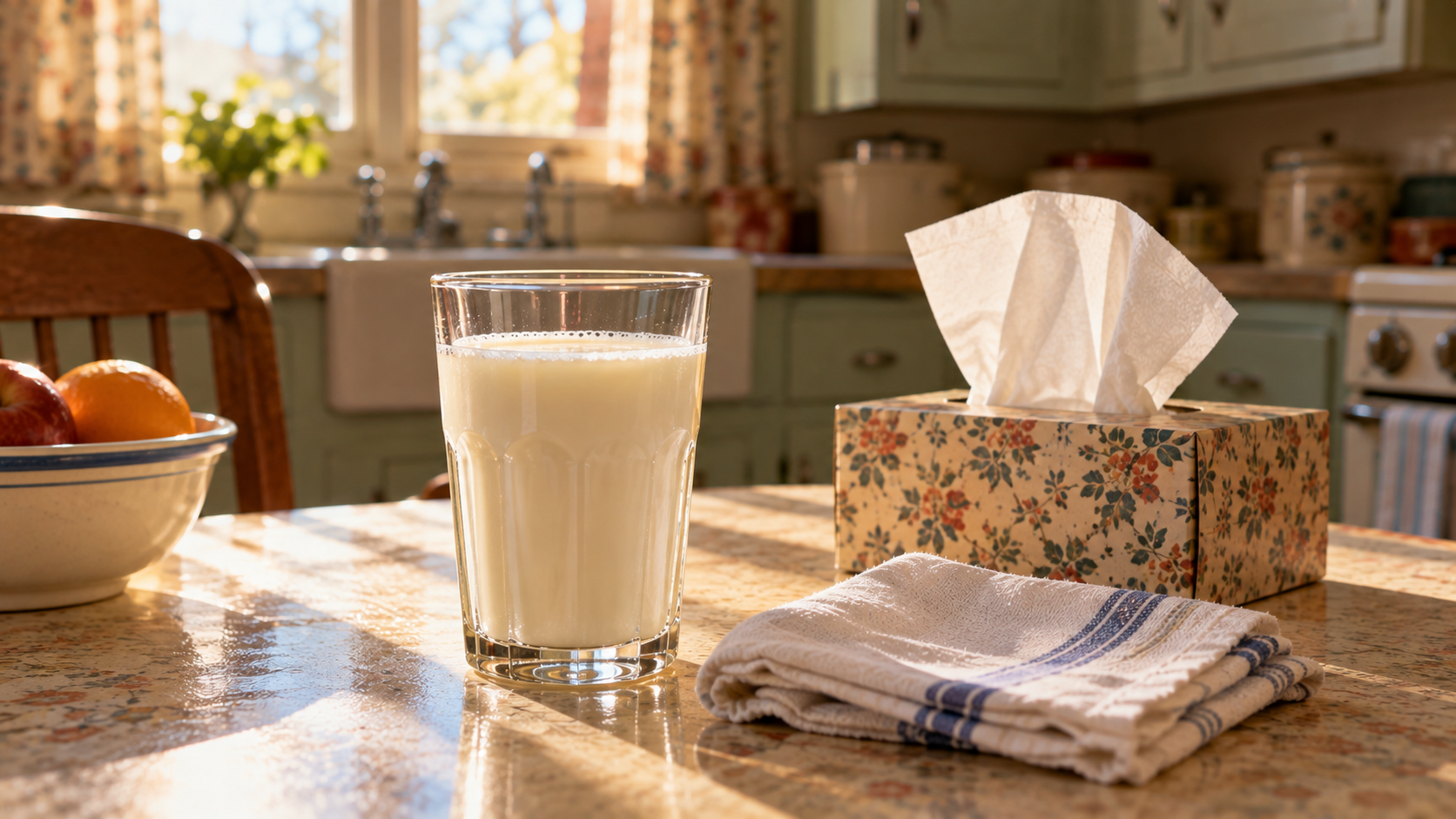 A glass of milk on a kitchen table next to a tissue box, a folded towel, and a bowl of fruit.