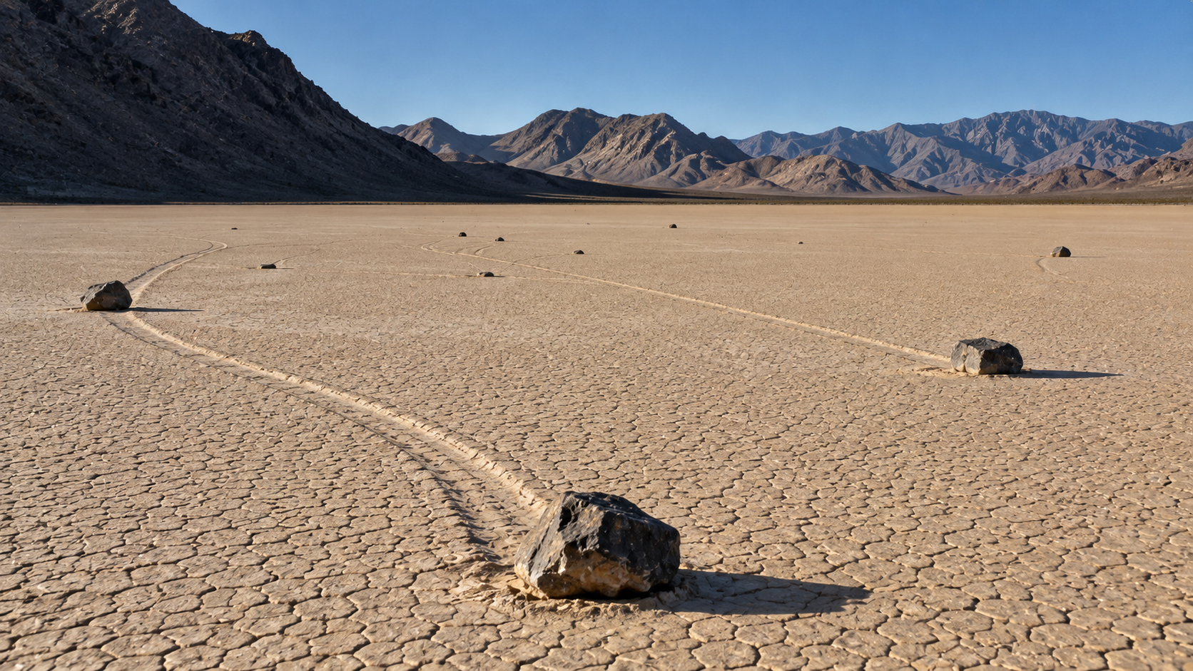 Rocks on the cracked dry lake bed of Racetrack Playa with long trails etched into the surface, framed by distant mountains.