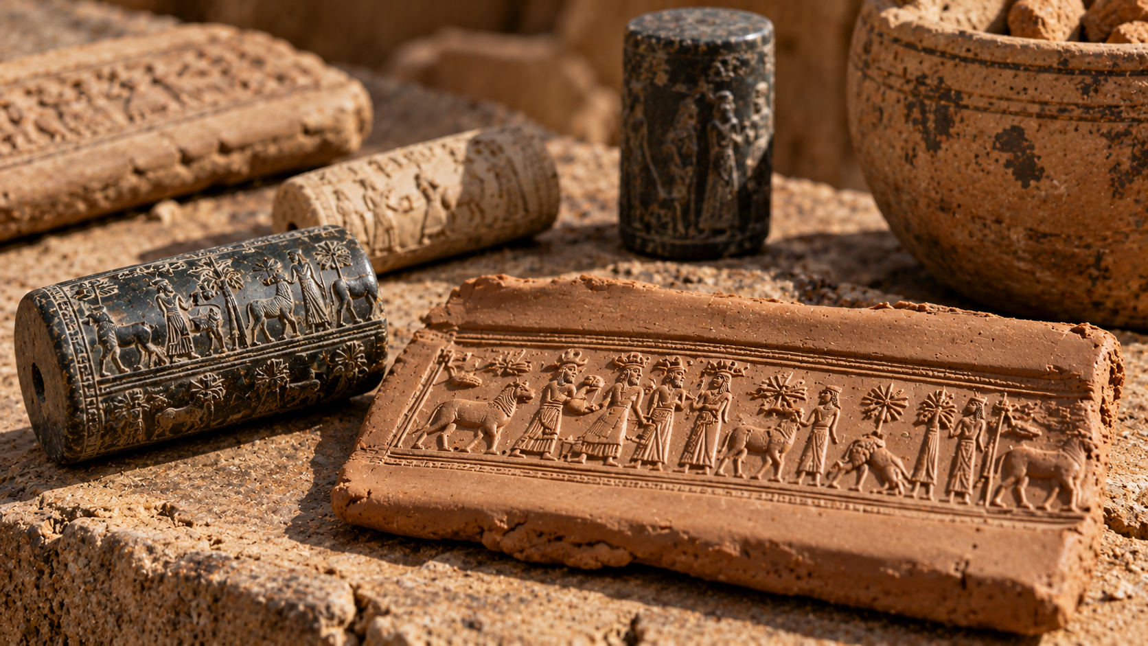 A rectangular clay tablet and several cylindrical stone seals featuring ancient relief carvings of figures and animals.