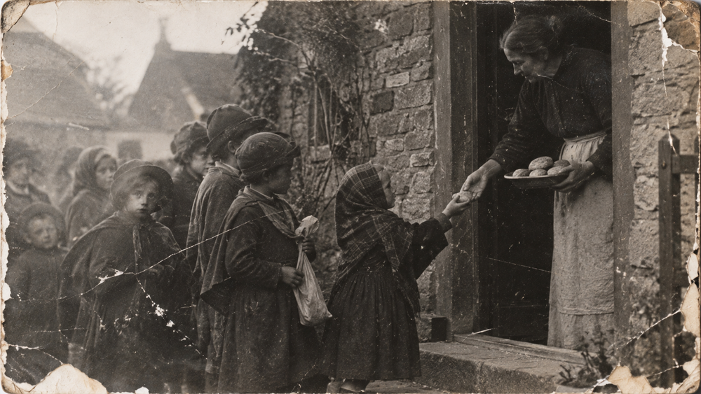 A woman standing in a doorway hands a potato to a young girl standing in a line of children.