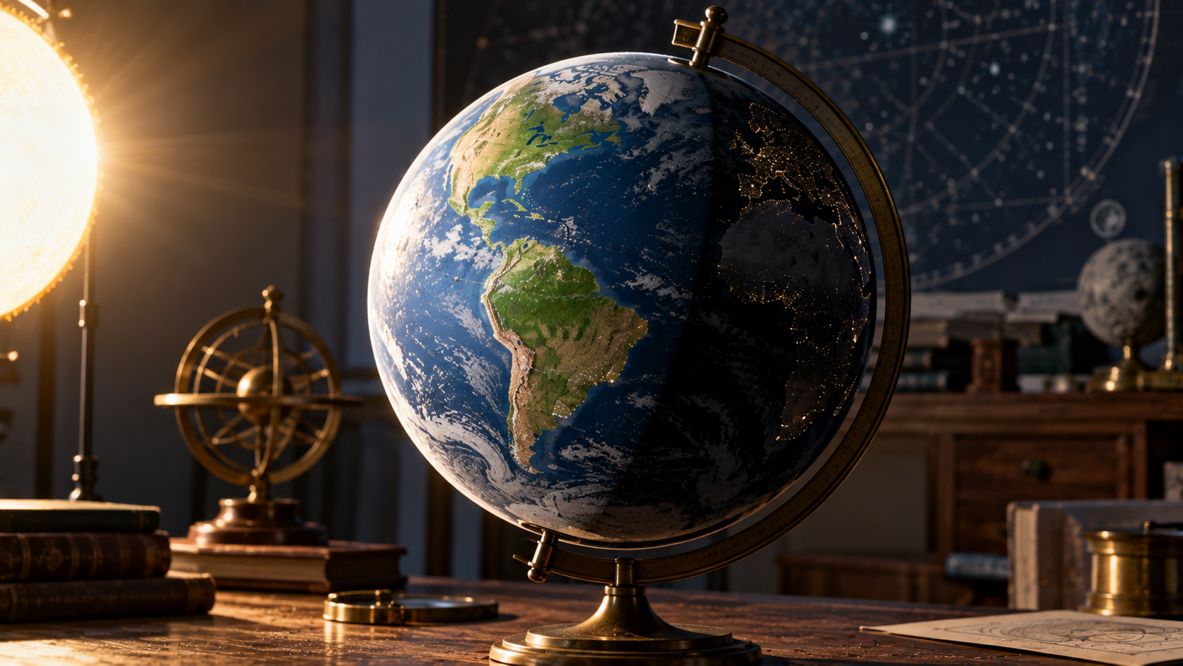 A desk globe showing the Americas in daylight and Europe and Africa at night, with an armillary sphere and books in the background.