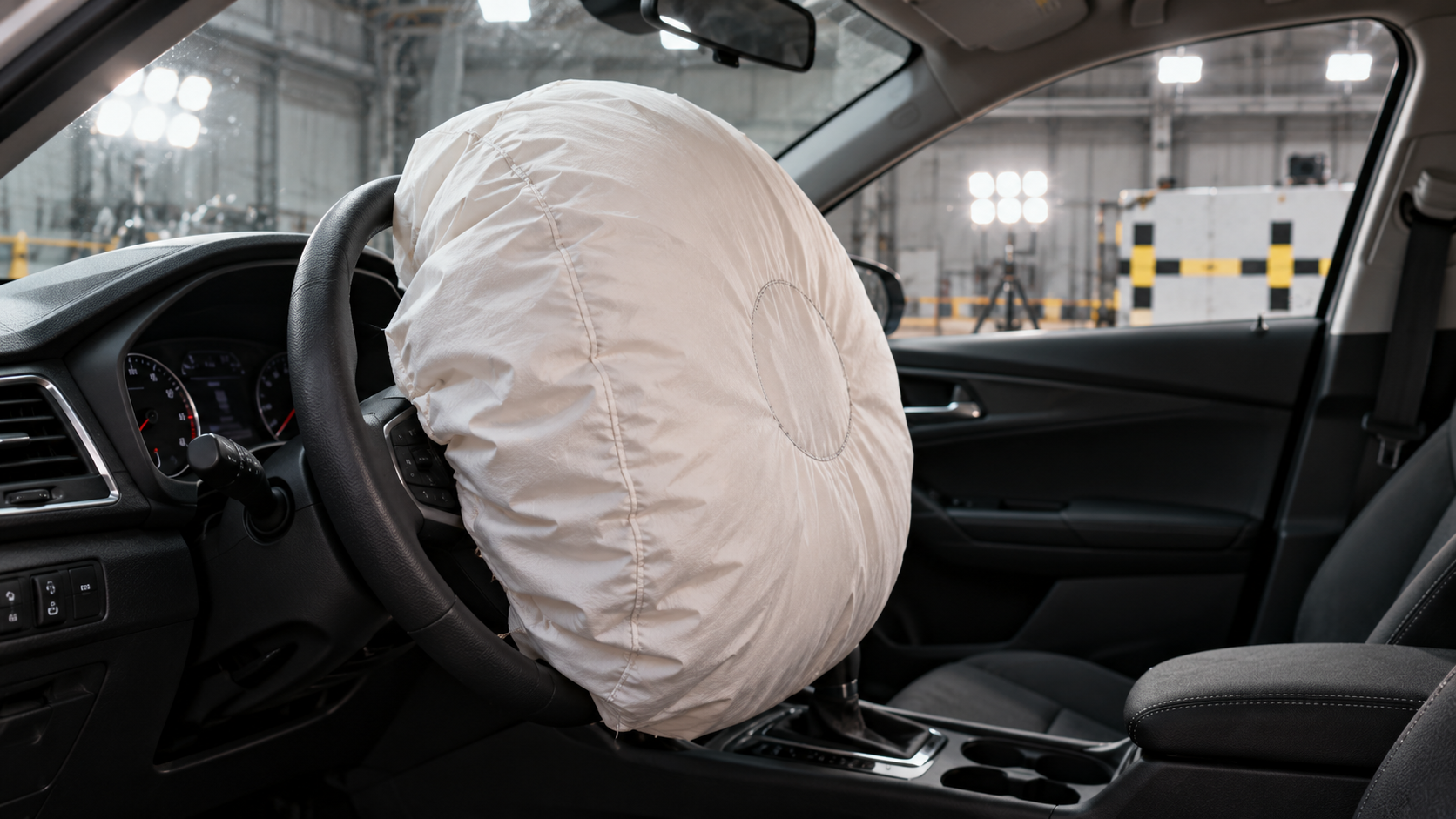 A deployed driver’s side airbag inflating from the steering wheel inside a car.