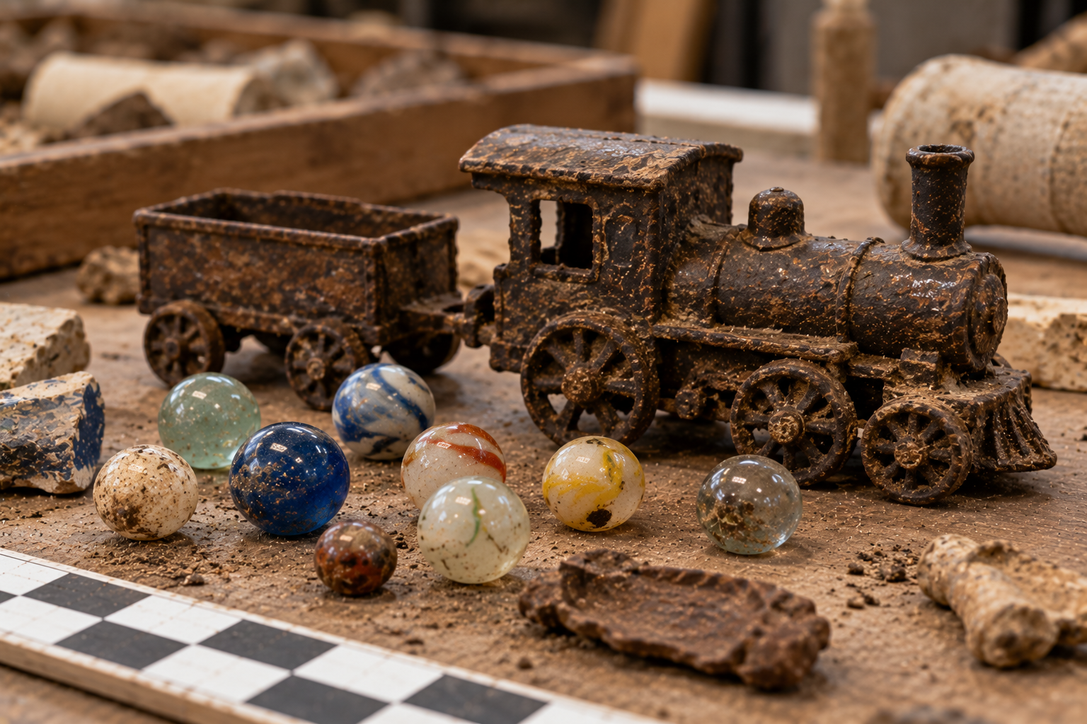 A rusted toy train and coal car surrounded by a collection of glass marbles on a wooden surface.