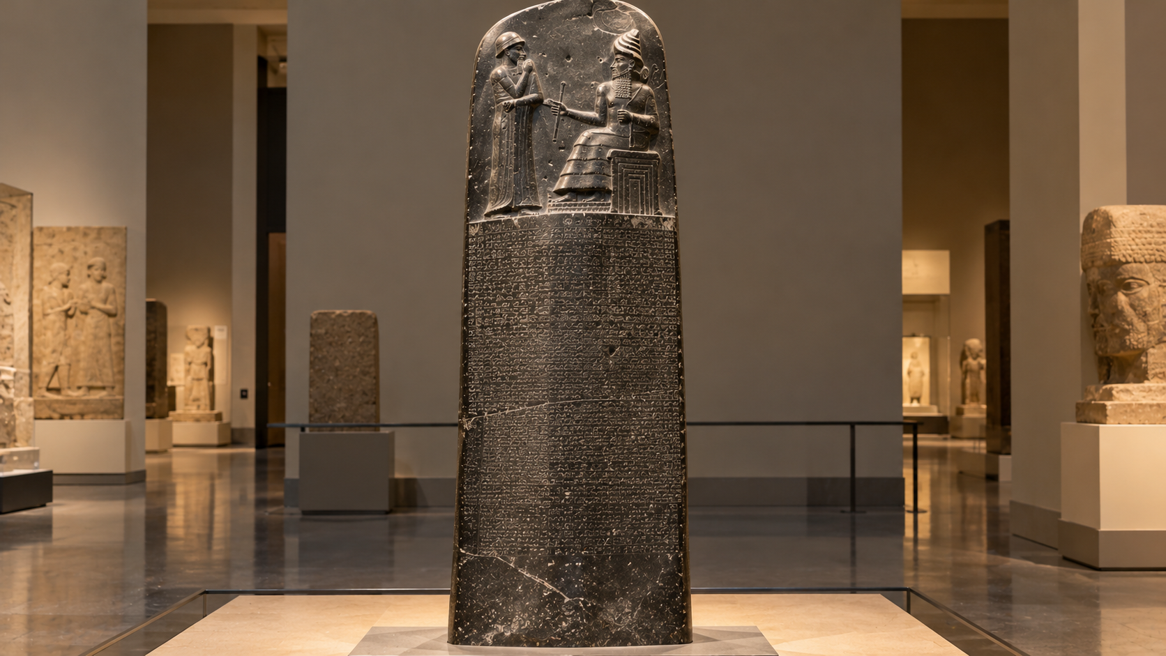 The Code of Hammurabi, a tall black diorite stele inscribed with cuneiform text and a relief carving at the top showing a king standing before a seated god, displayed in a museum gallery.
