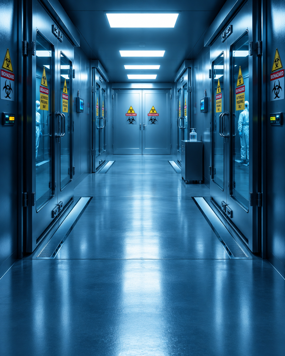 A sterile, blue-lit laboratory corridor with glass-paneled doors on both sides, each displaying biohazard warning signs and an “Authorized Personnel Only” notice, leading to a pair of sealed metal doors at the end.
