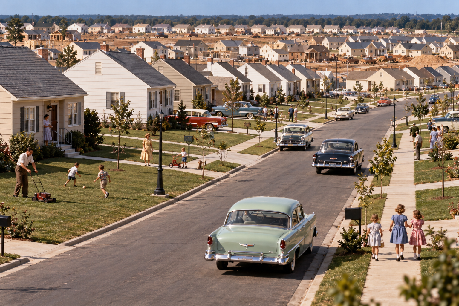 A suburban street in the 1950s with vintage cars, families in yards, and rows of single-story houses under construction in the distance.