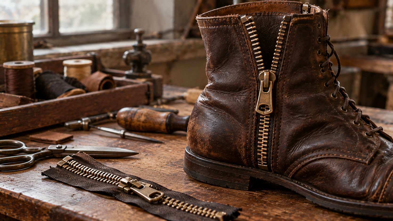 A distressed brown leather boot with a front zipper on a workbench beside a loose zipper and various shoemaking tools.