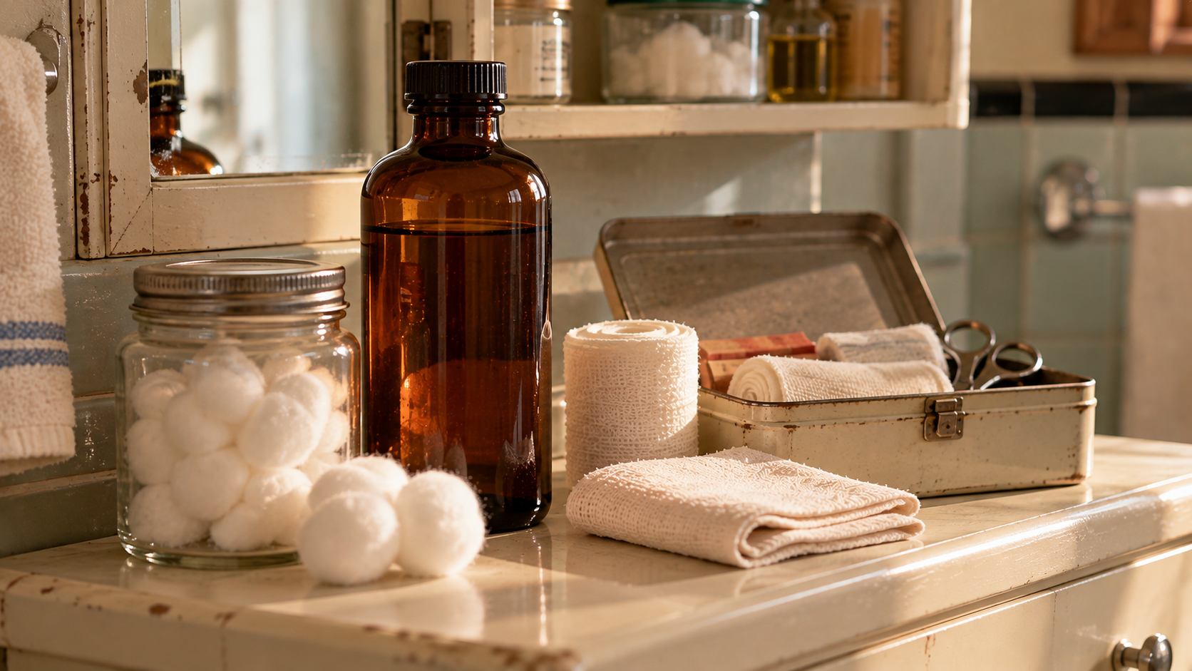 A glass jar of cotton balls, an amber medicine bottle, and a metal first aid kit with medical supplies on a bathroom vanity.