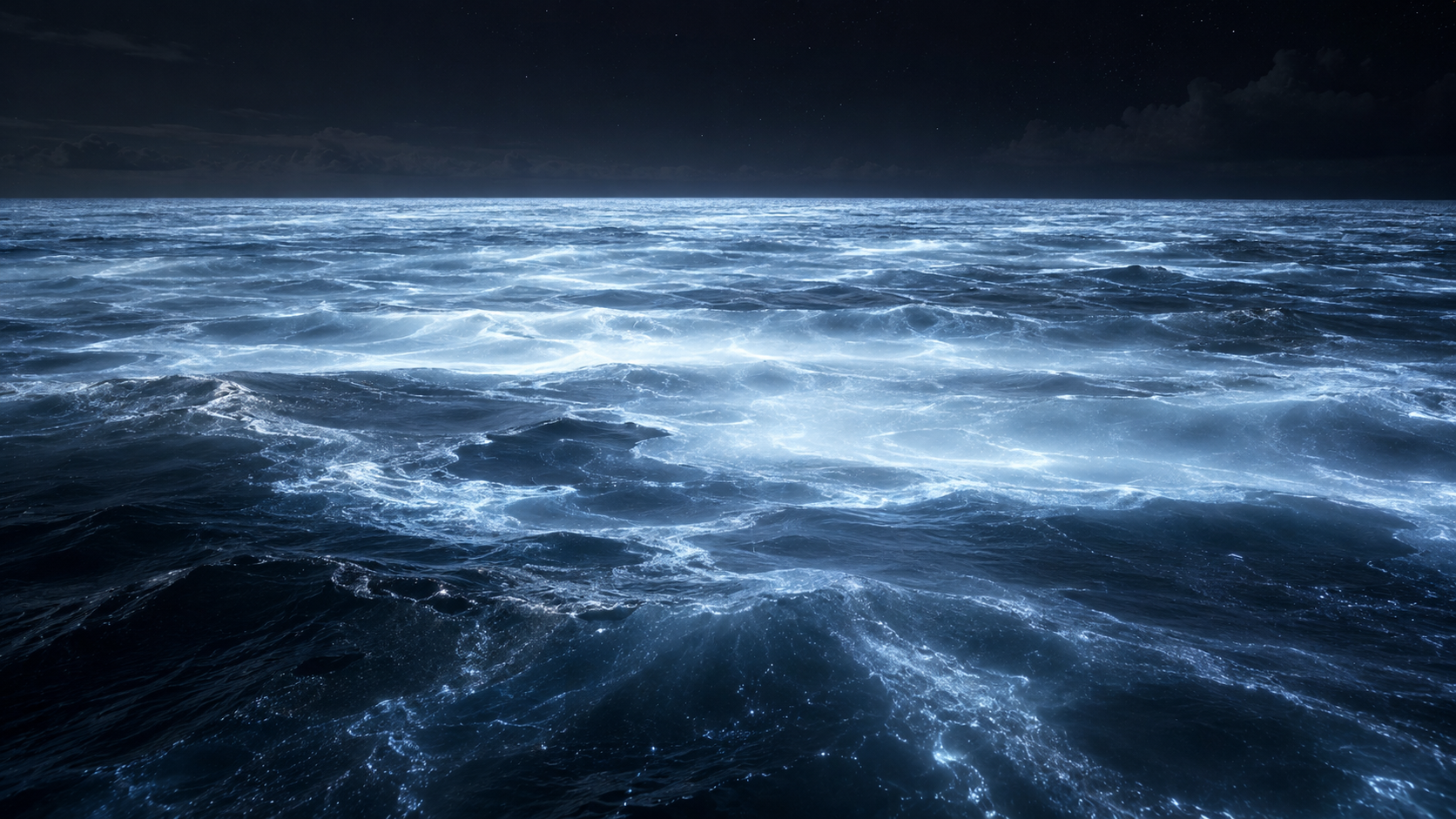 Dark ocean waves at night with glowing blue bioluminescence under a starry sky.