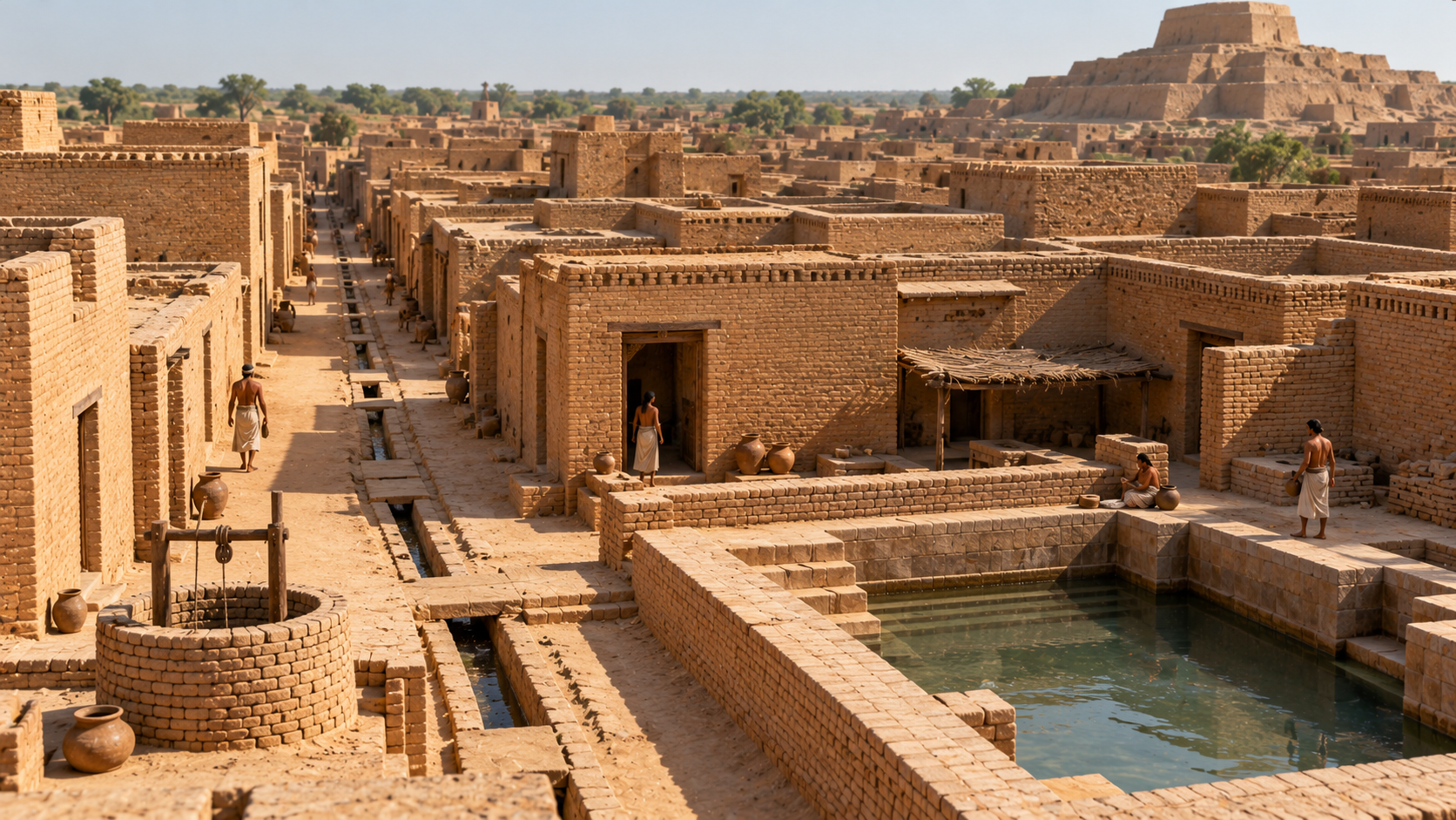 Ancient brick city with narrow streets, a central water reservoir, a stone well, and people in simple loincloths among the dwellings, with a large stepped structure in the distance.