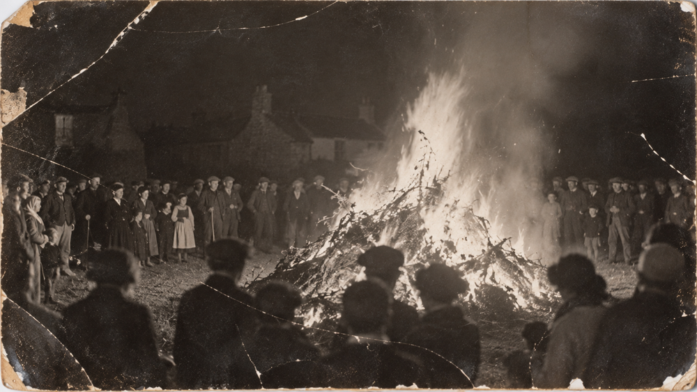 A large crowd of people standing in a circle at night, watching a tall bonfire.