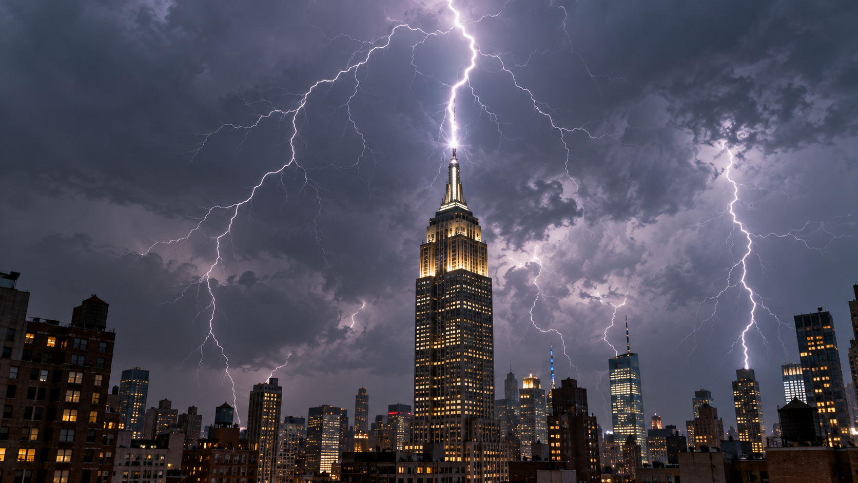 Lightning strikes the spire of the Empire State Building during a stormy night over New York City.