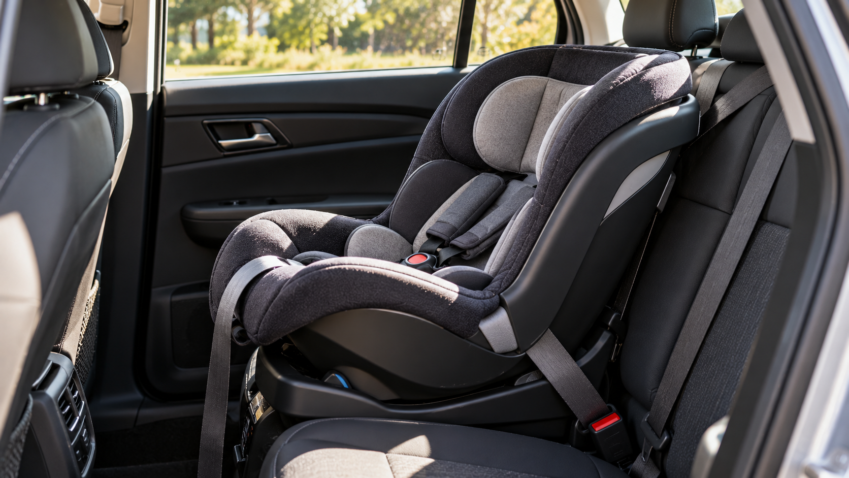 Gray and black convertible car seat installed in the backseat of a vehicle.