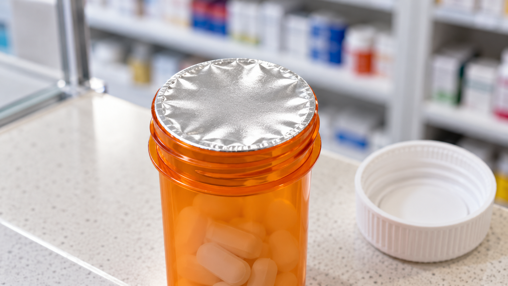An open orange prescription pill bottle with a foil safety seal on the opening and the cap sitting to the side.