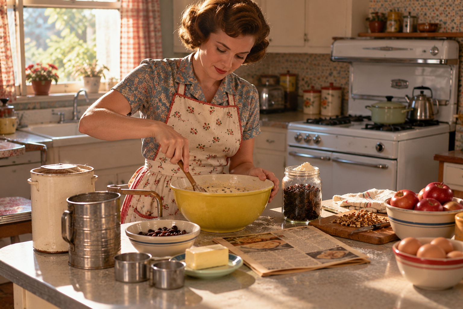 A woman in a floral apron stirs a yellow bowl of batter in a sunlit kitchen, surrounded by ingredients including apples, nuts, and butter.