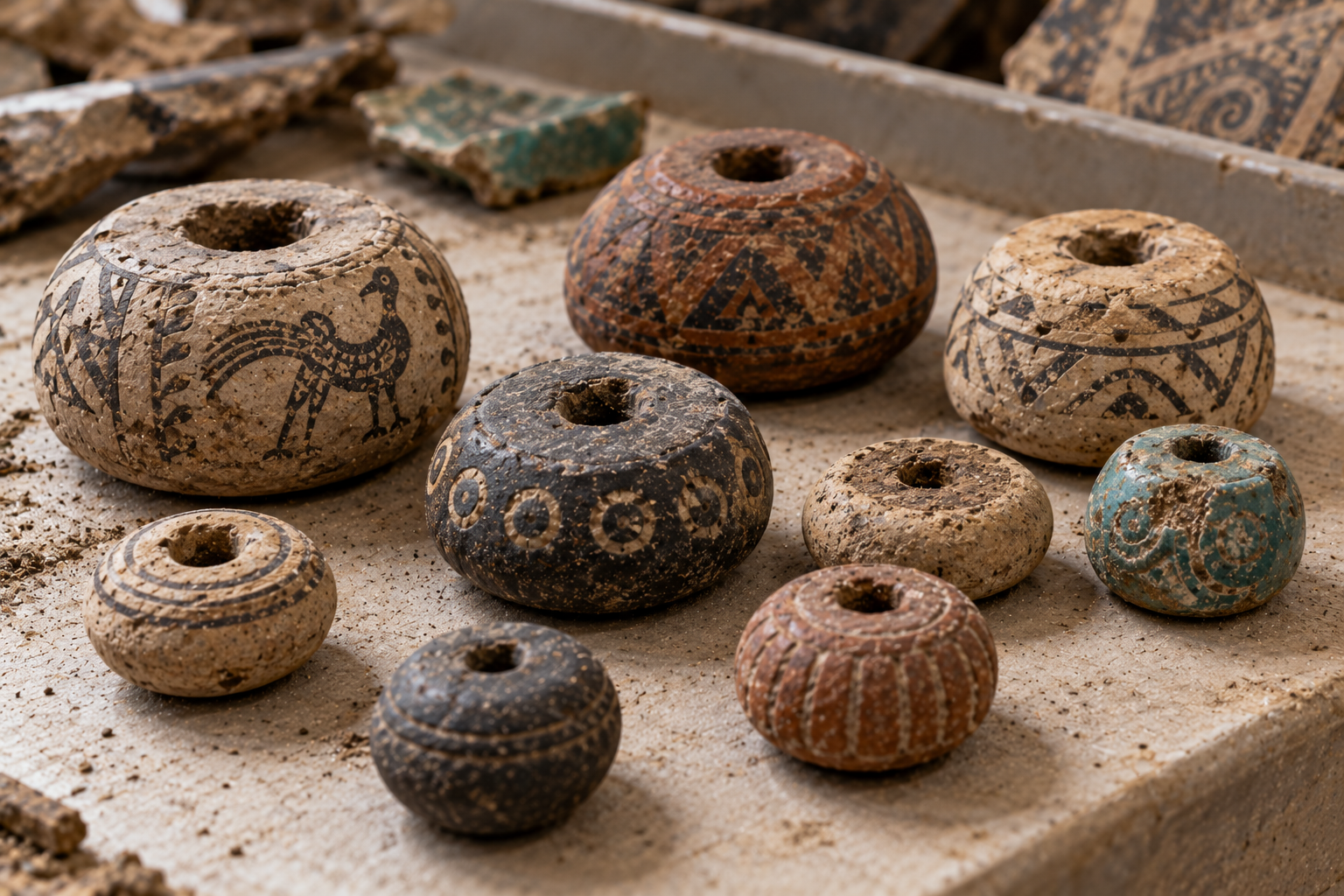 A collection of small, circular, hand-painted ceramic spindle whorls arranged on a dusty surface.