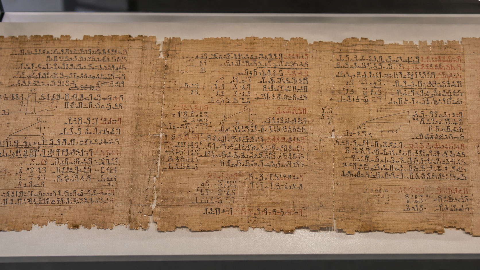 An ancient papyrus scroll featuring columns of hieratic text interspersed with hand-drawn geometric diagrams.