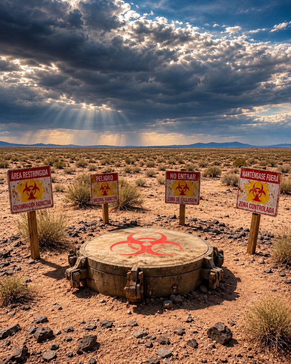 A heavy circular concrete hatch marked with a red biohazard symbol, surrounded by four warning signs in Spanish set in a barren desert landscape under a dramatic cloudy sky.