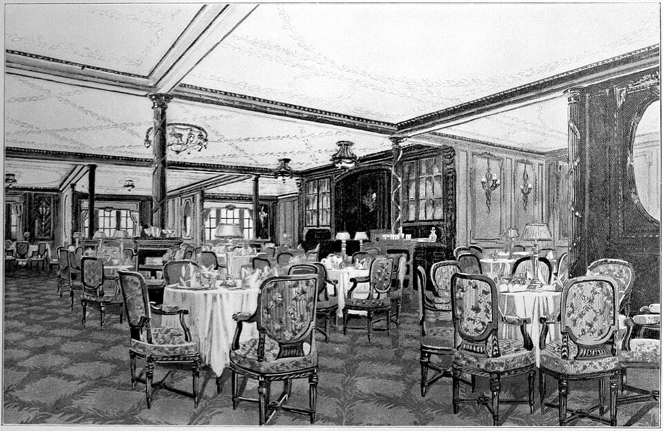 A black-and-white illustration of a ship’s dining room featuring multiple round tables set with chairs in an ornate, formal interior.