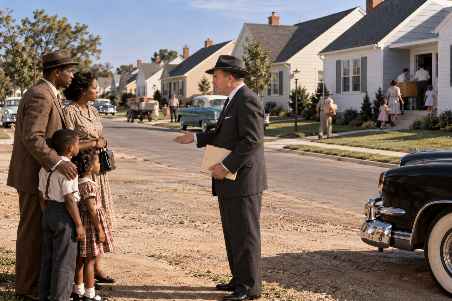 A man in a suit and fedora speaks to a Black family on a residential street as other neighbors move belongings into a house in the background.