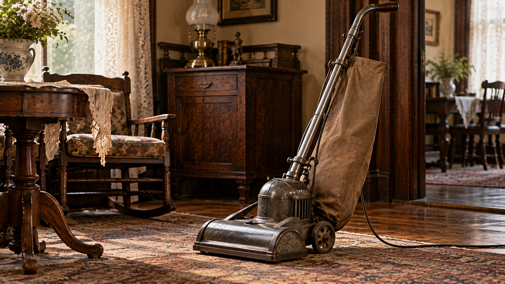 A vintage upright vacuum cleaner with a cloth bag stands on a patterned rug in a traditionally furnished room.