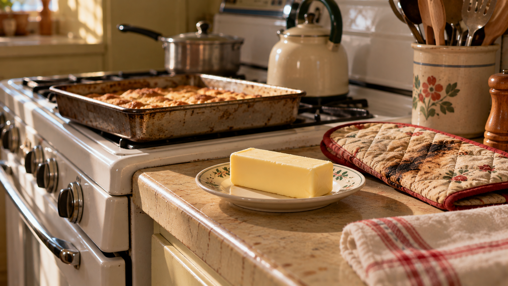 A stick of butter on a small plate sits on a kitchen counter next to a baking pan of rolls and a quilted oven mitt.