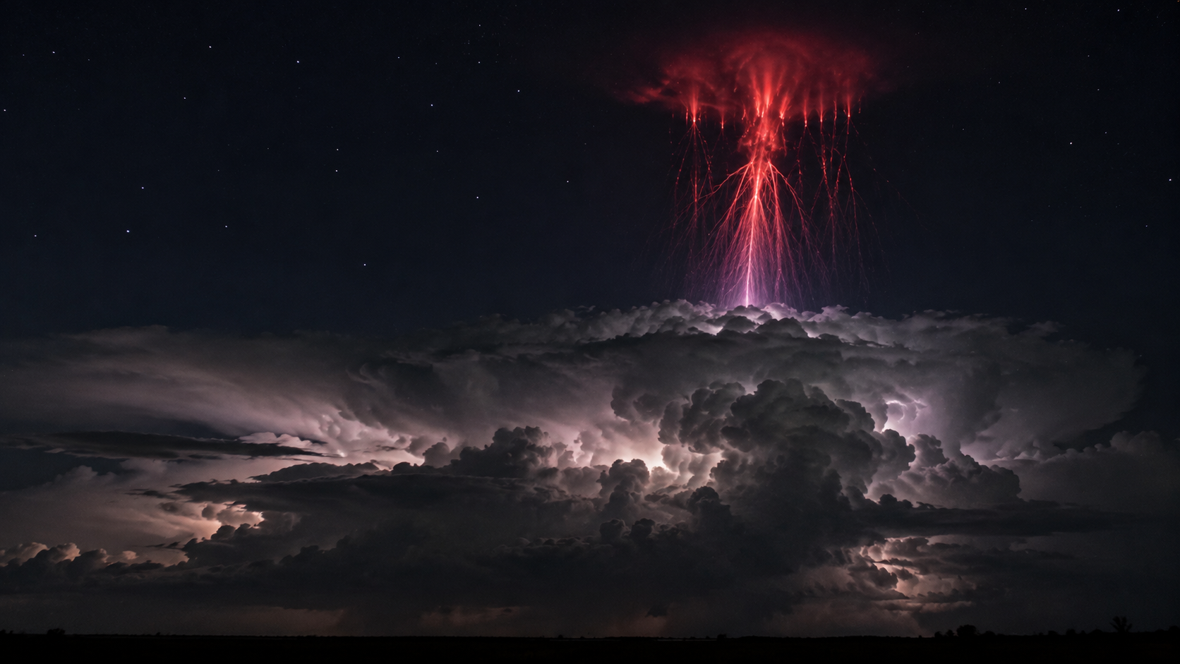 A red sprite electrical discharge erupting from the top of a dark storm cloud into the night sky.