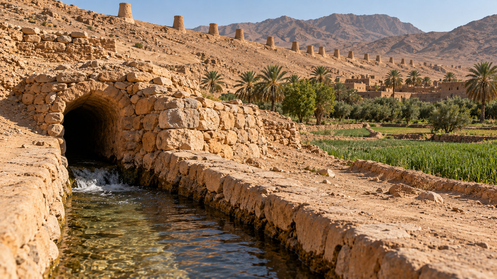 Water flows from a stone tunnel into an irrigation channel alongside green fields, with a line of ancient watchtowers on the hillside behind a desert village.