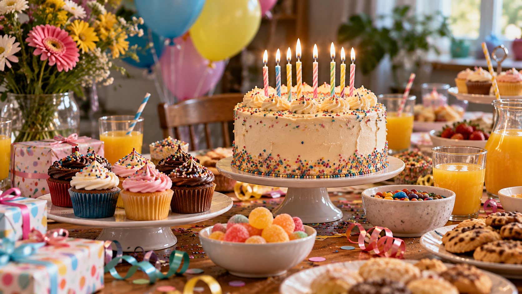 A birthday cake with lit candles on a pedestal stand surrounded by cupcakes, bowls of candy, and glasses of orange juice.