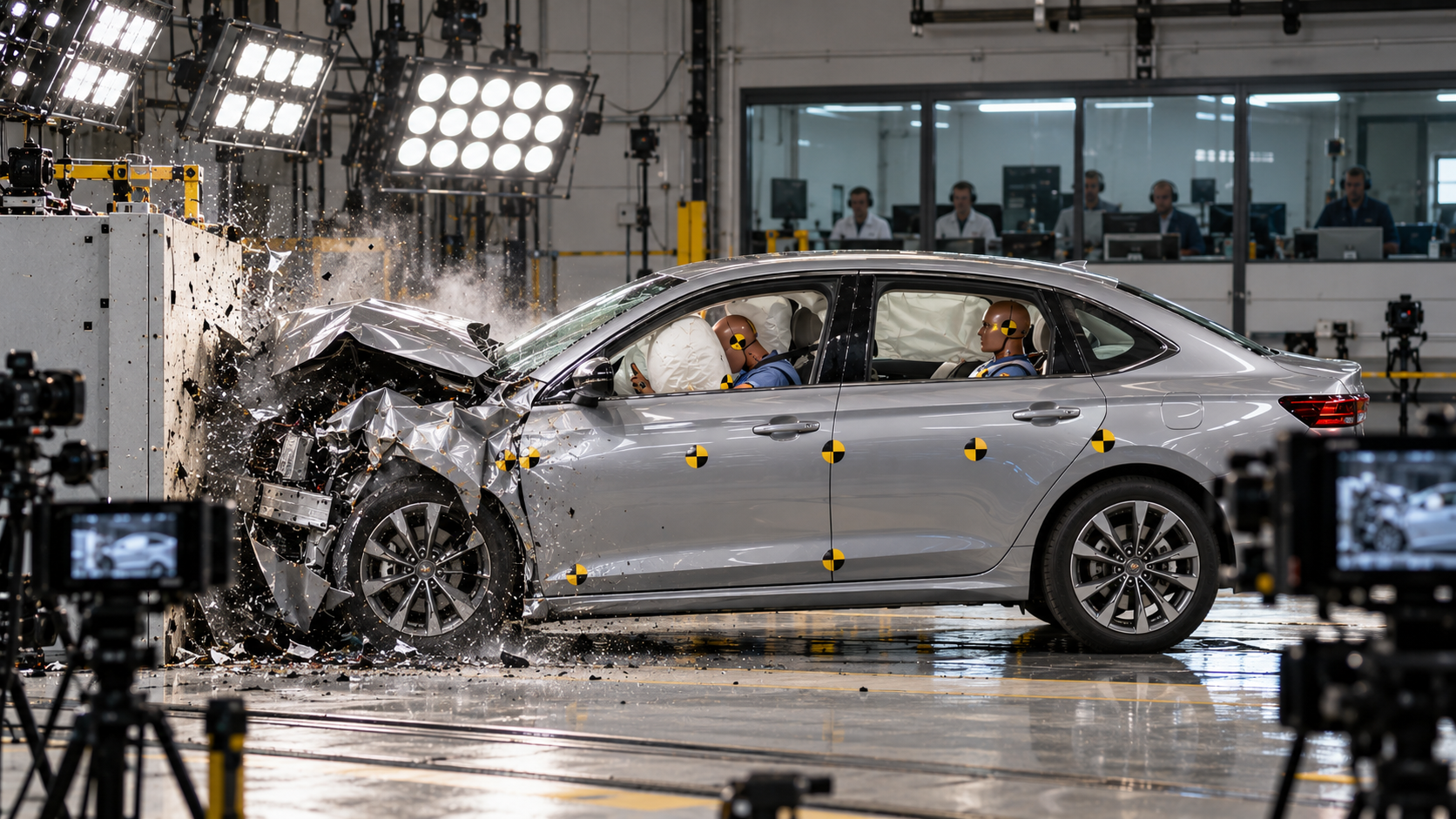 A silver sedan crashing into a concrete barrier during a side-impact crash test, with two crash test dummies visible inside the vehicle and airbags deployed.