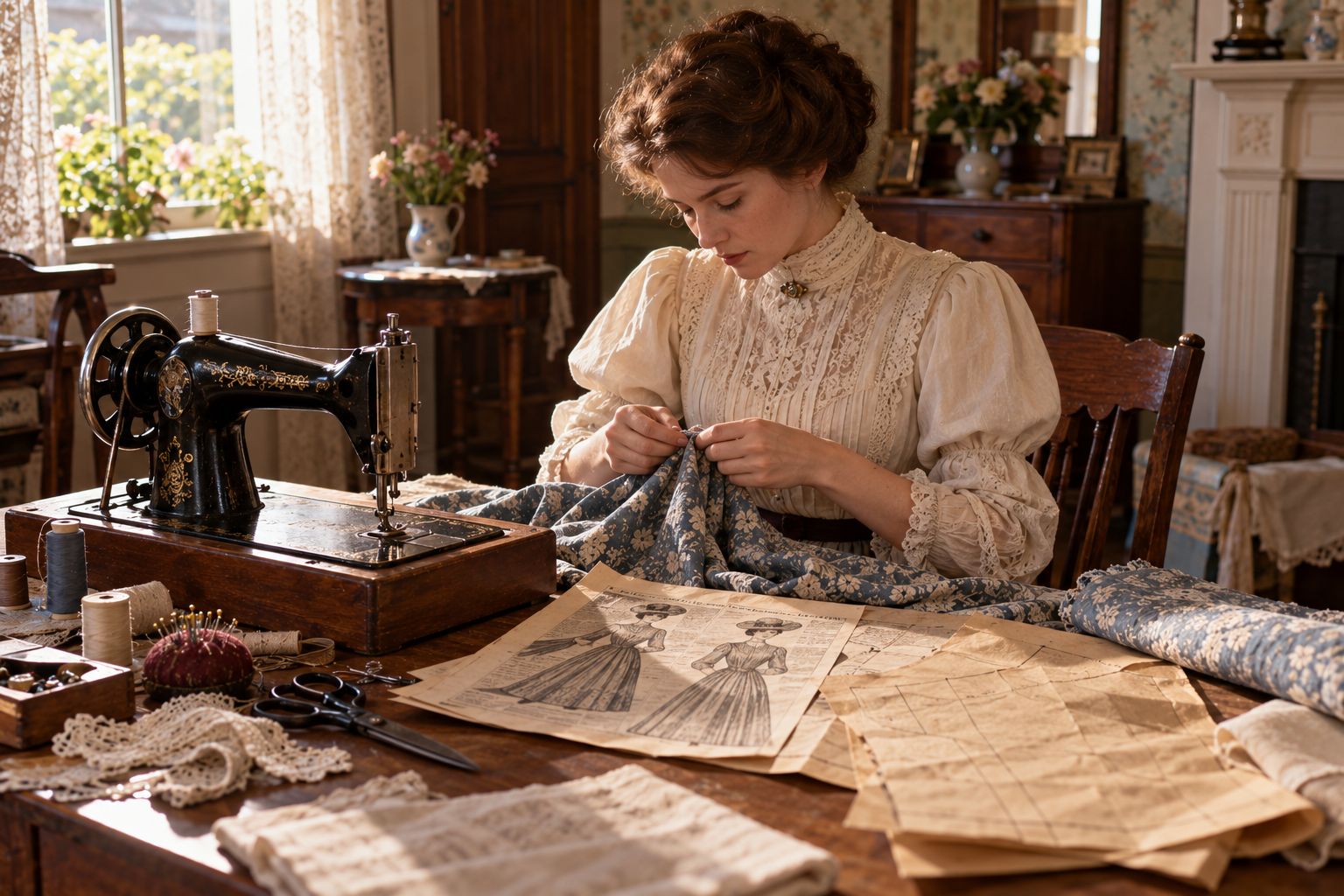 A woman in a vintage lace blouse sews blue floral fabric at a wooden table with a manual sewing machine and paper patterns.